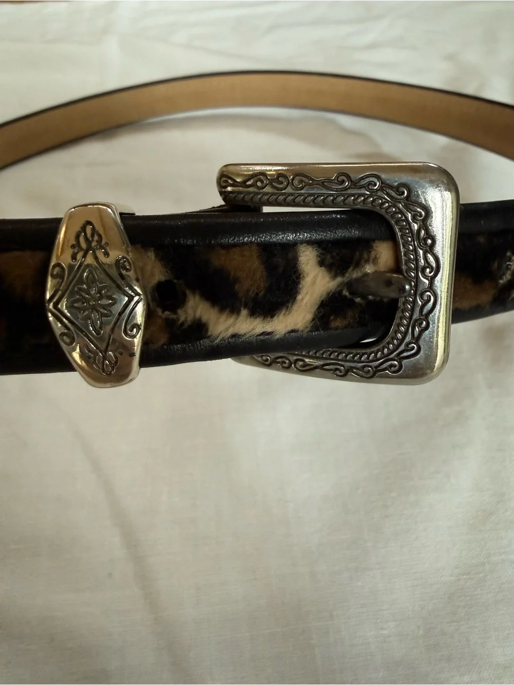 Brighton Leather Leopard Faux Fur Western Belt Black Silver Size 30